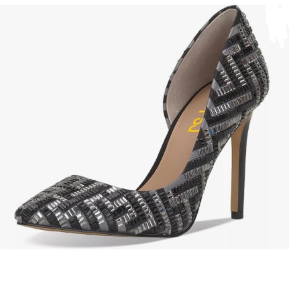 FSJ Black Grey Crystals Pointed Toe D'Orsay High Heels Sexy Versatile Pumps